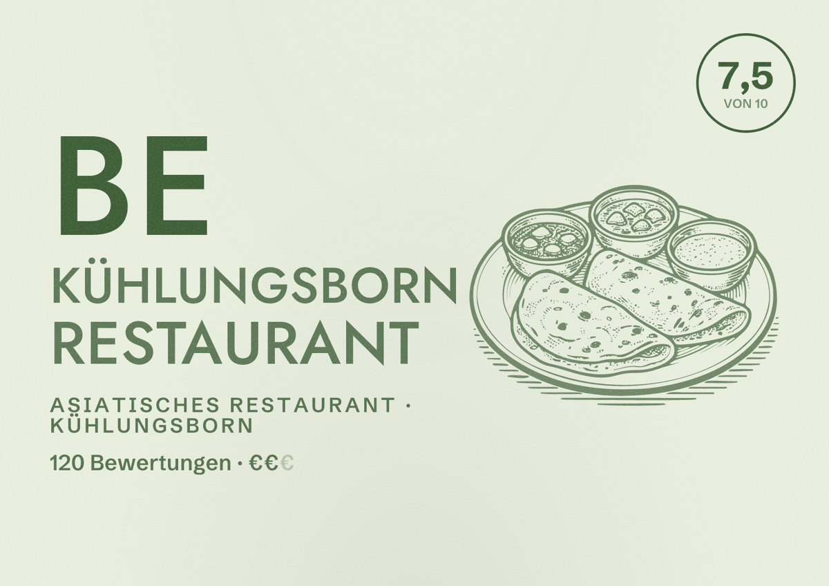Illustriertes Poster von BE Kühlungsborn Restaurant, Asiatisches Restaurant in Kühlungsborn: Bewertung 7,5 von 10 aus 120 Bewertungen, Preisniveau €€