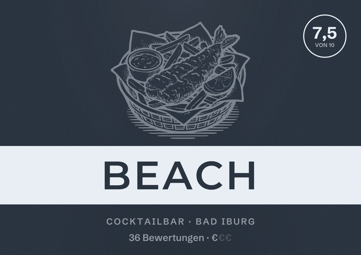 Illustriertes Poster von Beach, Cocktailbar in Bad Iburg: Bewertung 7,5 von 10 aus 36 Bewertungen, Preisniveau €