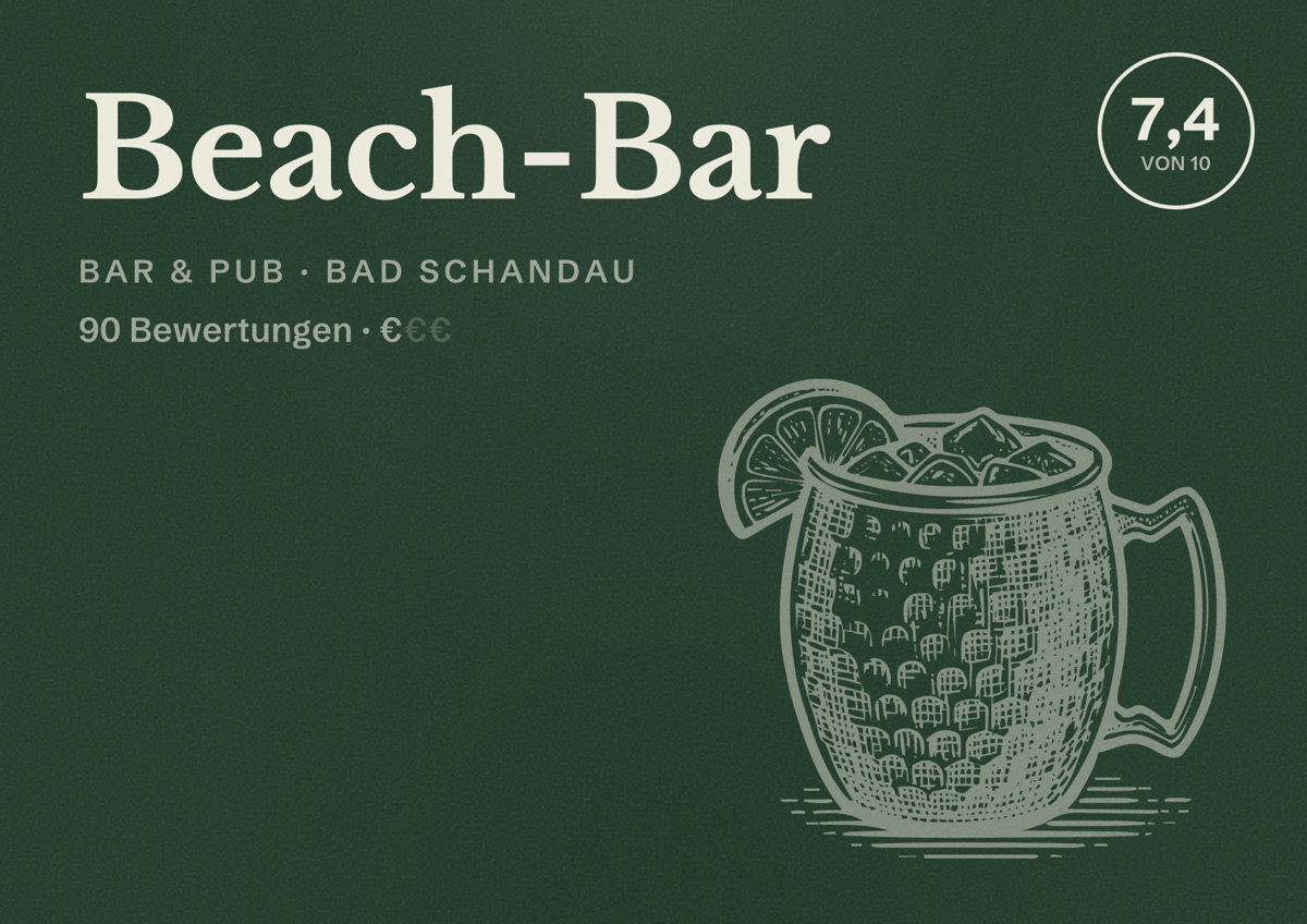 Illustriertes Poster von Beach-Bar, Bar & Pub in Bad Schandau: Bewertung 7,4 von 10 aus 90 Bewertungen, Preisniveau €