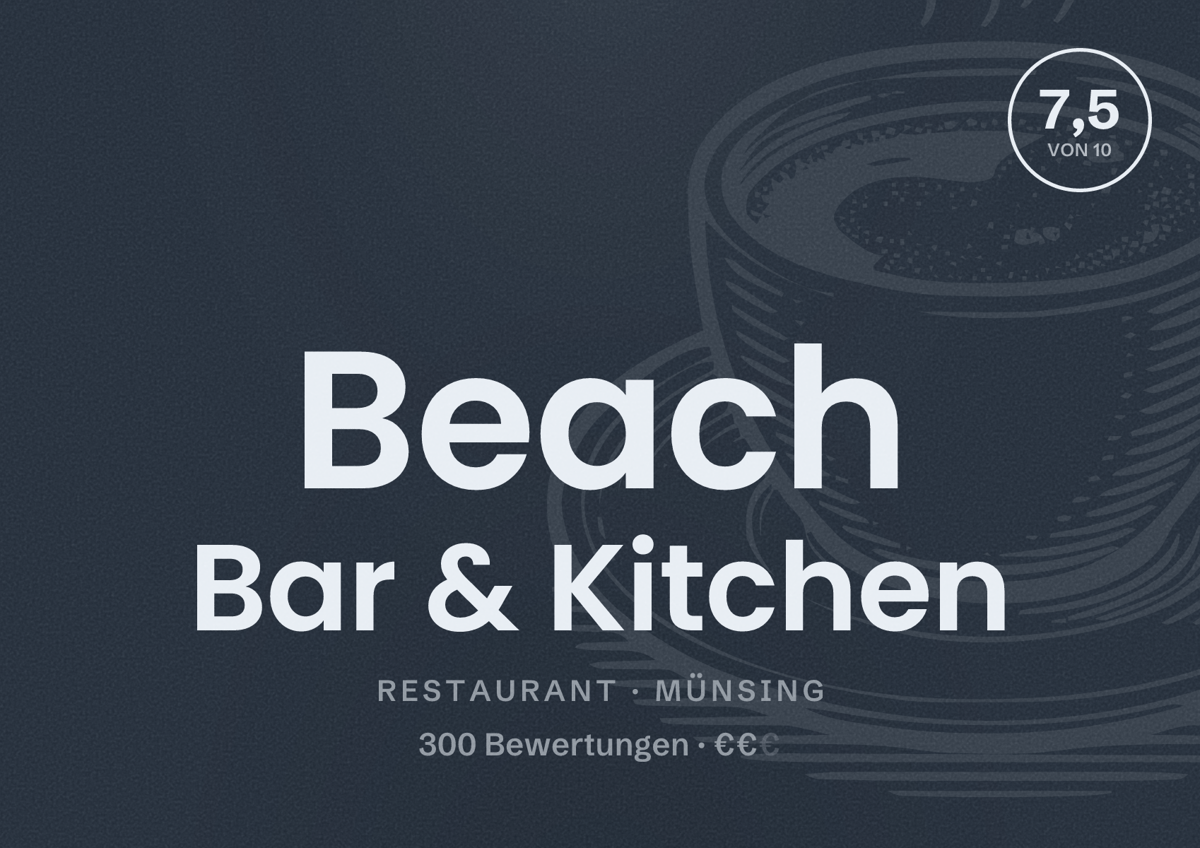 Illustriertes Poster von Beach Bar & Kitchen, Restaurant in Münsing: Bewertung 7,5 von 10 aus 300 Bewertungen, Preisniveau €€