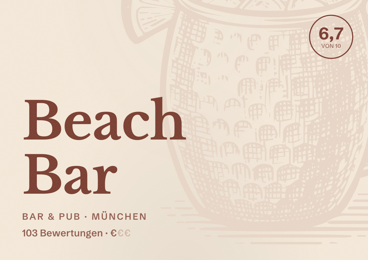 Illustriertes Poster von Beach Bar, Bar & Pub in München: Bewertung 6,7 von 10 aus 103 Bewertungen, Preisniveau €