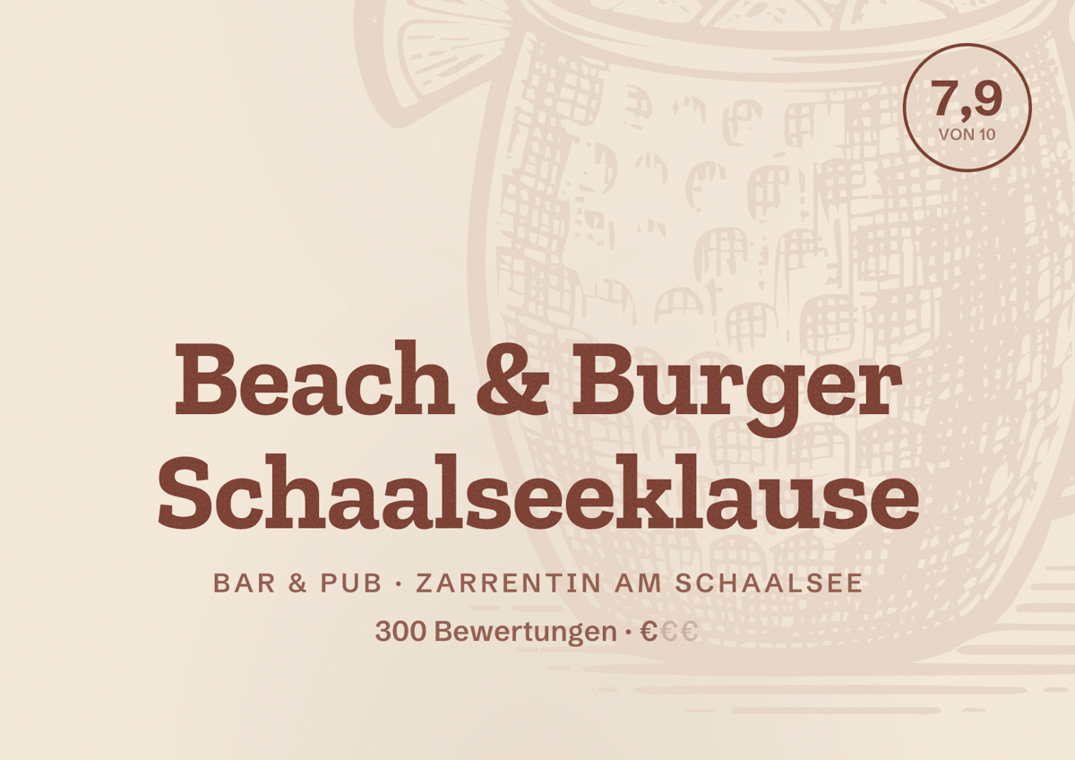 Illustriertes Poster von Beach & Burger Schaalseeklause, Bar & Pub in Zarrentin am Schaalsee: Bewertung 7,9 von 10 aus 300 Bewertungen, Preisniveau €