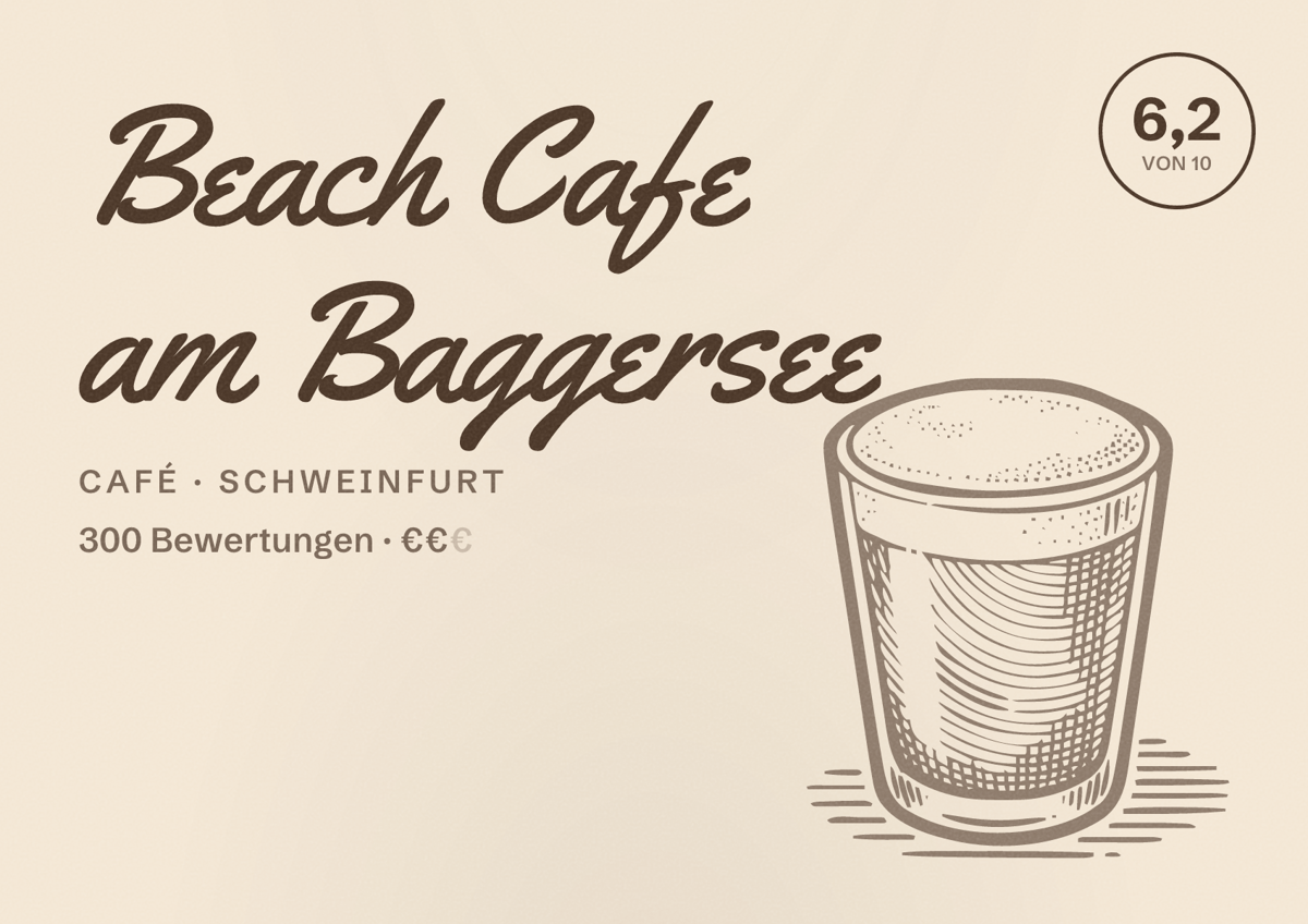 Illustriertes Poster von Beach Cafe am Baggersee, Café in Schweinfurt: Bewertung 6,2 von 10 aus 300 Bewertungen, Preisniveau €€