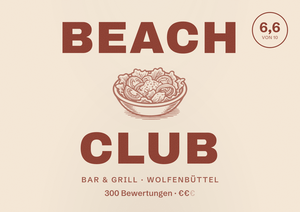 Illustriertes Poster von Beach Club, Bar & Grill in Wolfenbüttel: Bewertung 6,6 von 10 aus 300 Bewertungen, Preisniveau €€