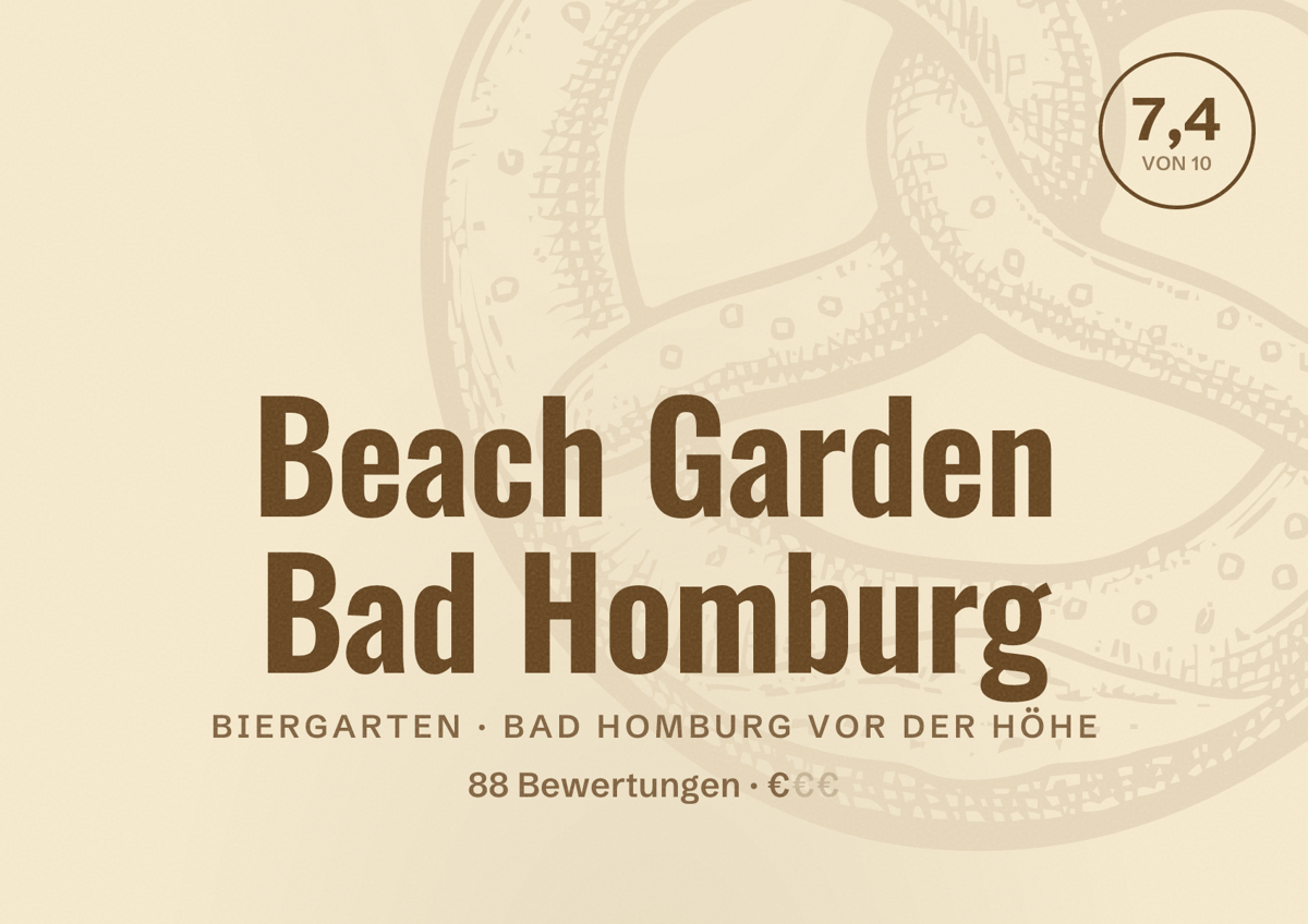 Illustriertes Poster von Beach Garden Bad Homburg, Biergarten in Bad Homburg vor der Höhe: Bewertung 7,4 von 10 aus 88 Bewertungen, Preisniveau €