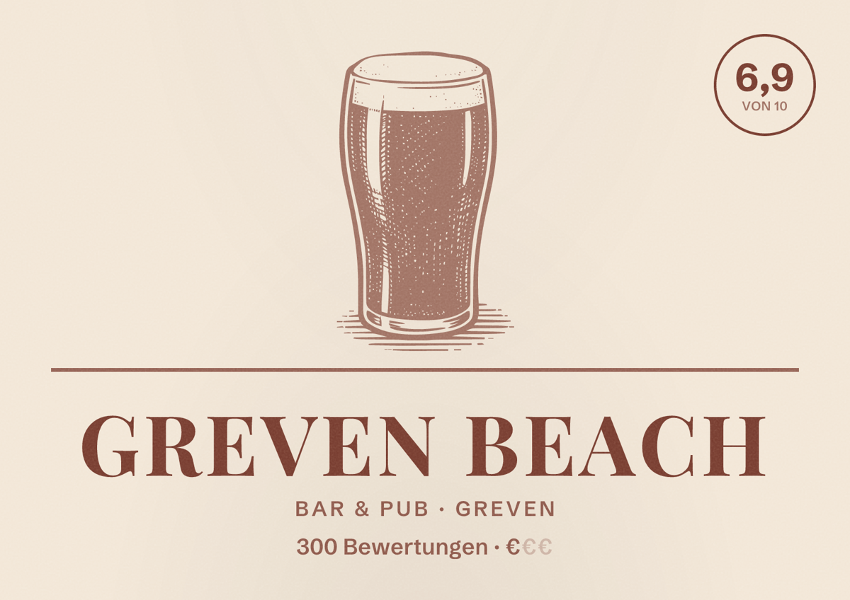 Illustriertes Poster von Greven Beach, Bar & Pub in Greven: Bewertung 6,9 von 10 aus 300 Bewertungen, Preisniveau €