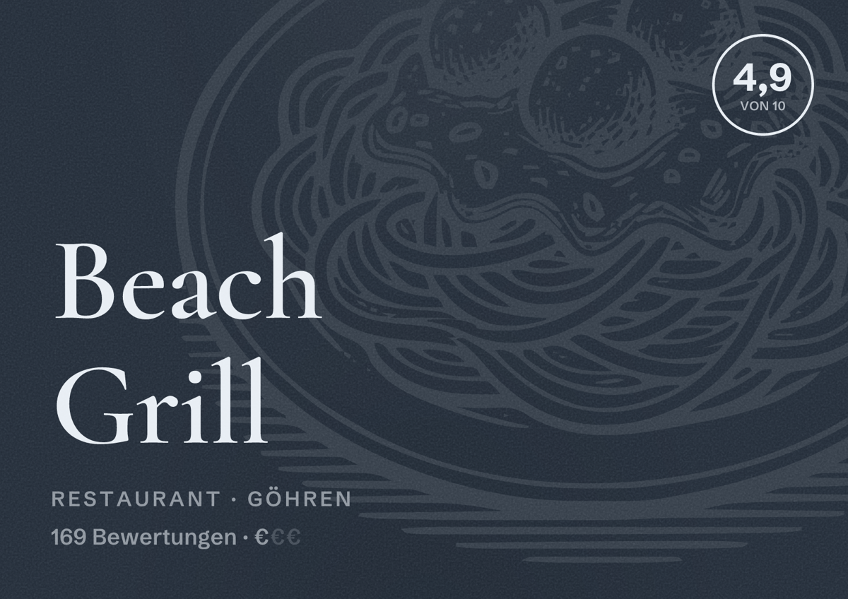 Illustriertes Poster von Beach Grill, Restaurant in Göhren: Bewertung 4,9 von 10 aus 169 Bewertungen, Preisniveau €