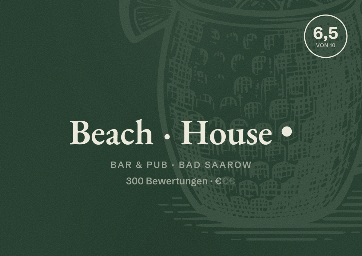 Illustriertes Poster von Beach House •, Bar & Pub in Bad Saarow: Bewertung 6,5 von 10 aus 300 Bewertungen, Preisniveau €