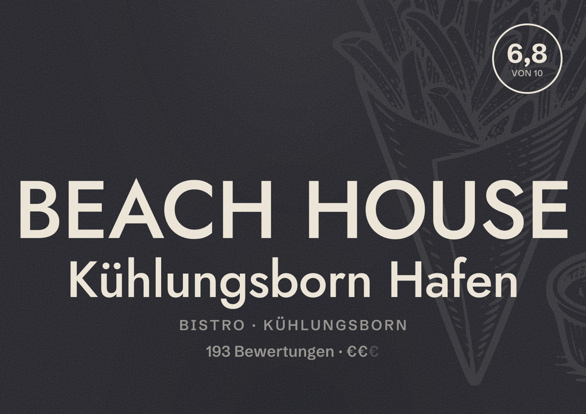 Illustriertes Poster von BEACH HOUSE Kühlungsborn Hafen, Bistro in Kühlungsborn: Bewertung 6,8 von 10 aus 193 Bewertungen, Preisniveau €€