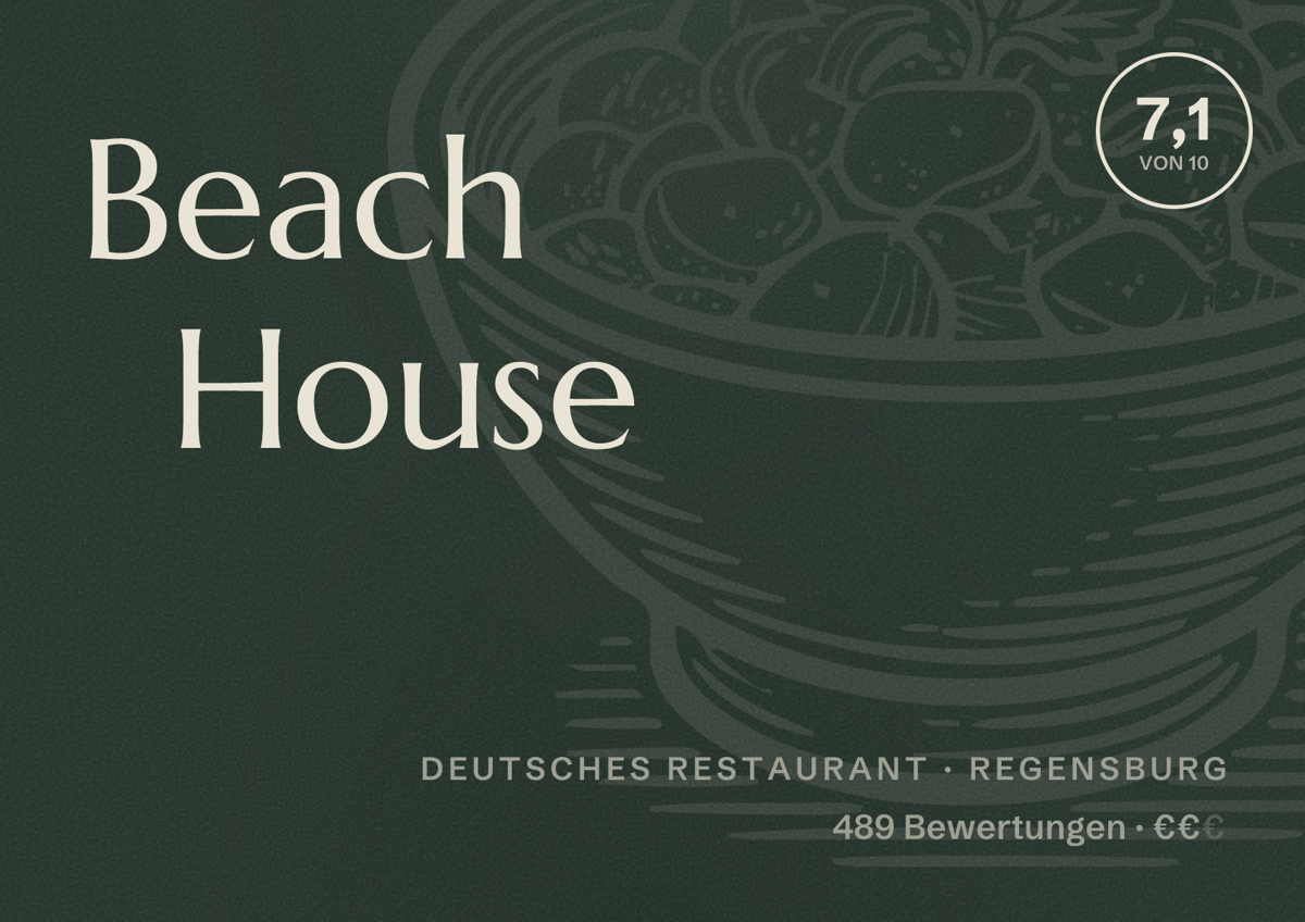 Illustriertes Poster von Beach House, Deutsches Restaurant in Regensburg: Bewertung 7,1 von 10 aus 489 Bewertungen, Preisniveau €€