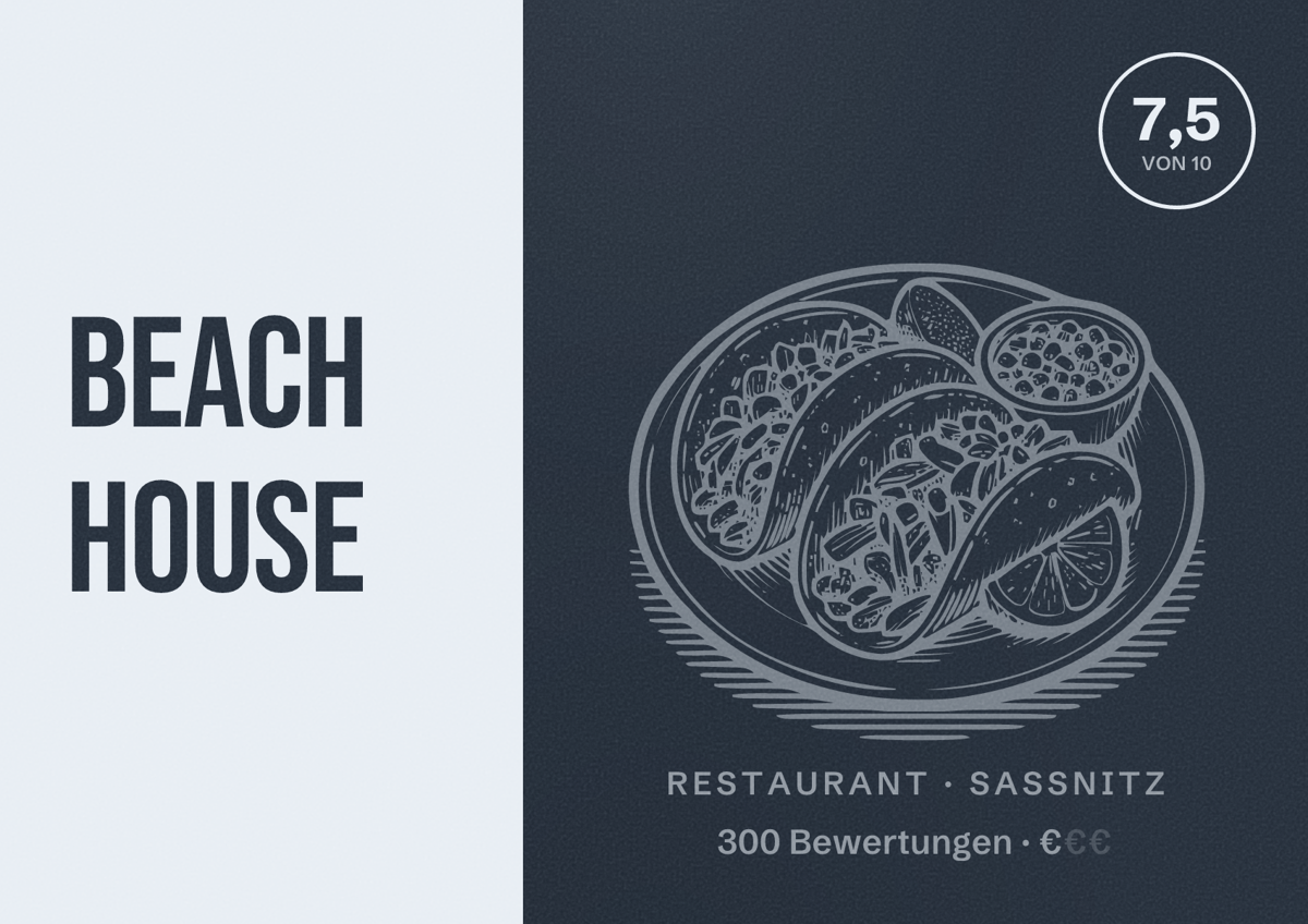 Illustriertes Poster von Beach House, Restaurant in Sassnitz: Bewertung 7,5 von 10 aus 300 Bewertungen, Preisniveau €