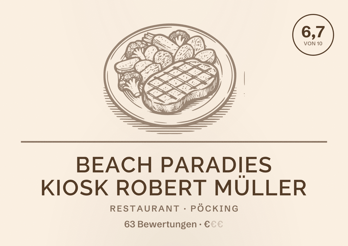 Illustriertes Poster von Beach Paradies Kiosk Robert Müller, Restaurant in Pöcking: Bewertung 6,7 von 10 aus 63 Bewertungen, Preisniveau €