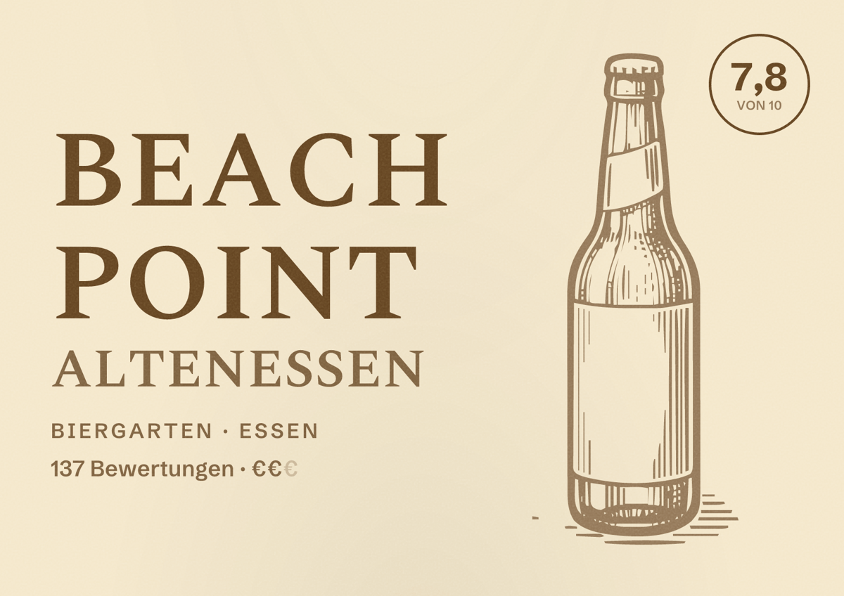 Illustriertes Poster von Beach Point Altenessen, Biergarten in Essen: Bewertung 7,8 von 10 aus 137 Bewertungen, Preisniveau €€