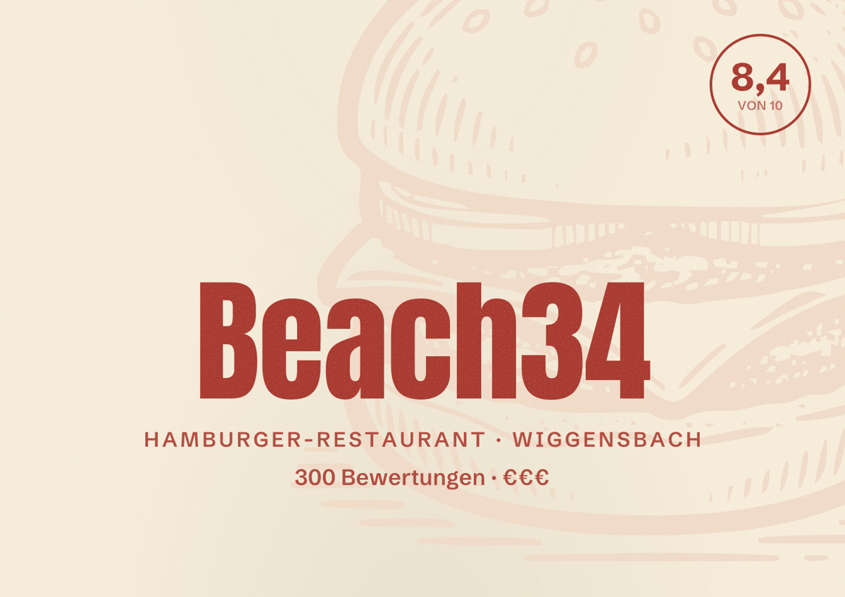Illustriertes Poster von Beach34, Hamburger-Restaurant in Wiggensbach: Bewertung 8,4 von 10 aus 300 Bewertungen, Preisniveau €€€