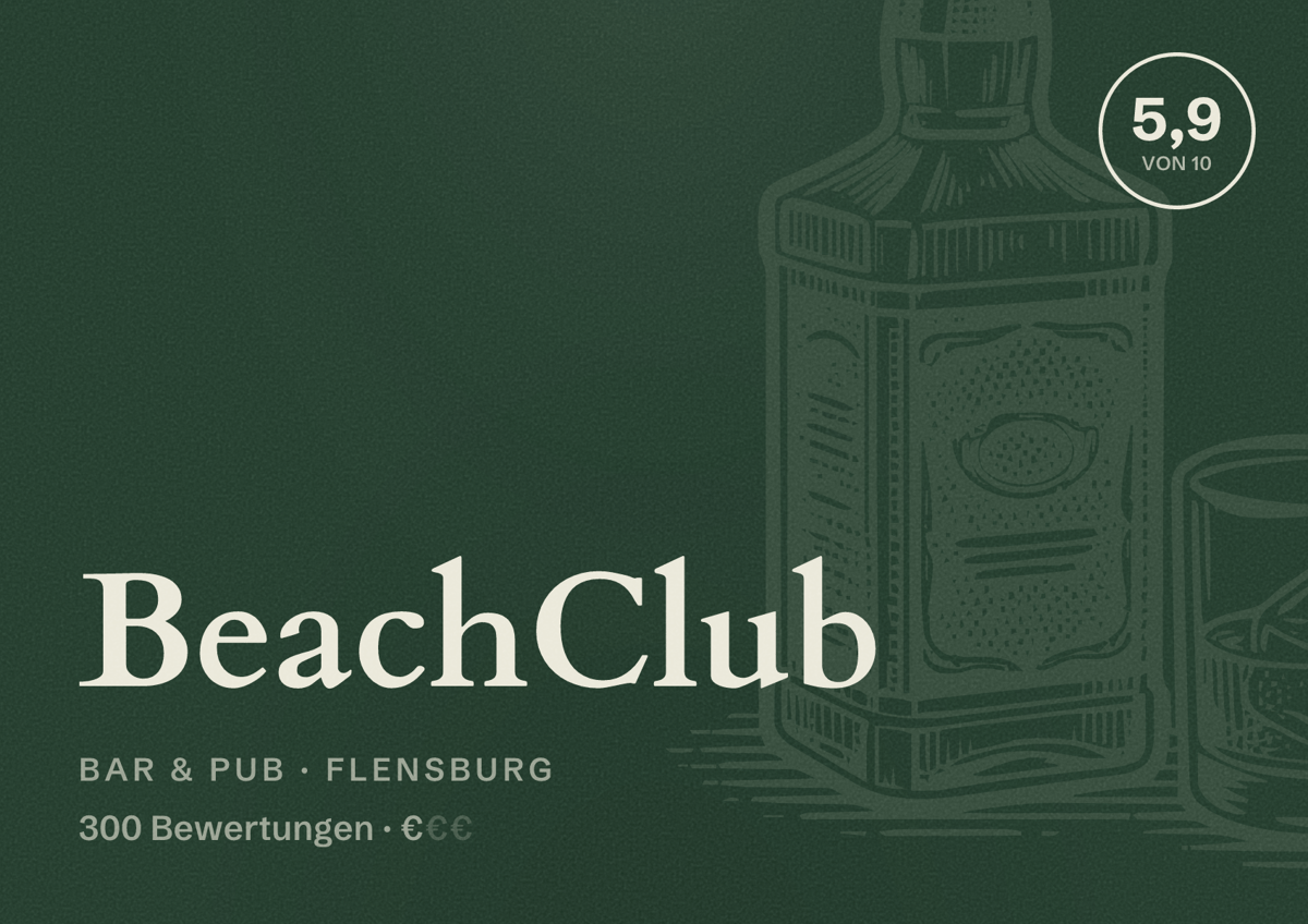 Illustriertes Poster von BeachClub, Bar & Pub in Flensburg: Bewertung 5,9 von 10 aus 300 Bewertungen, Preisniveau €