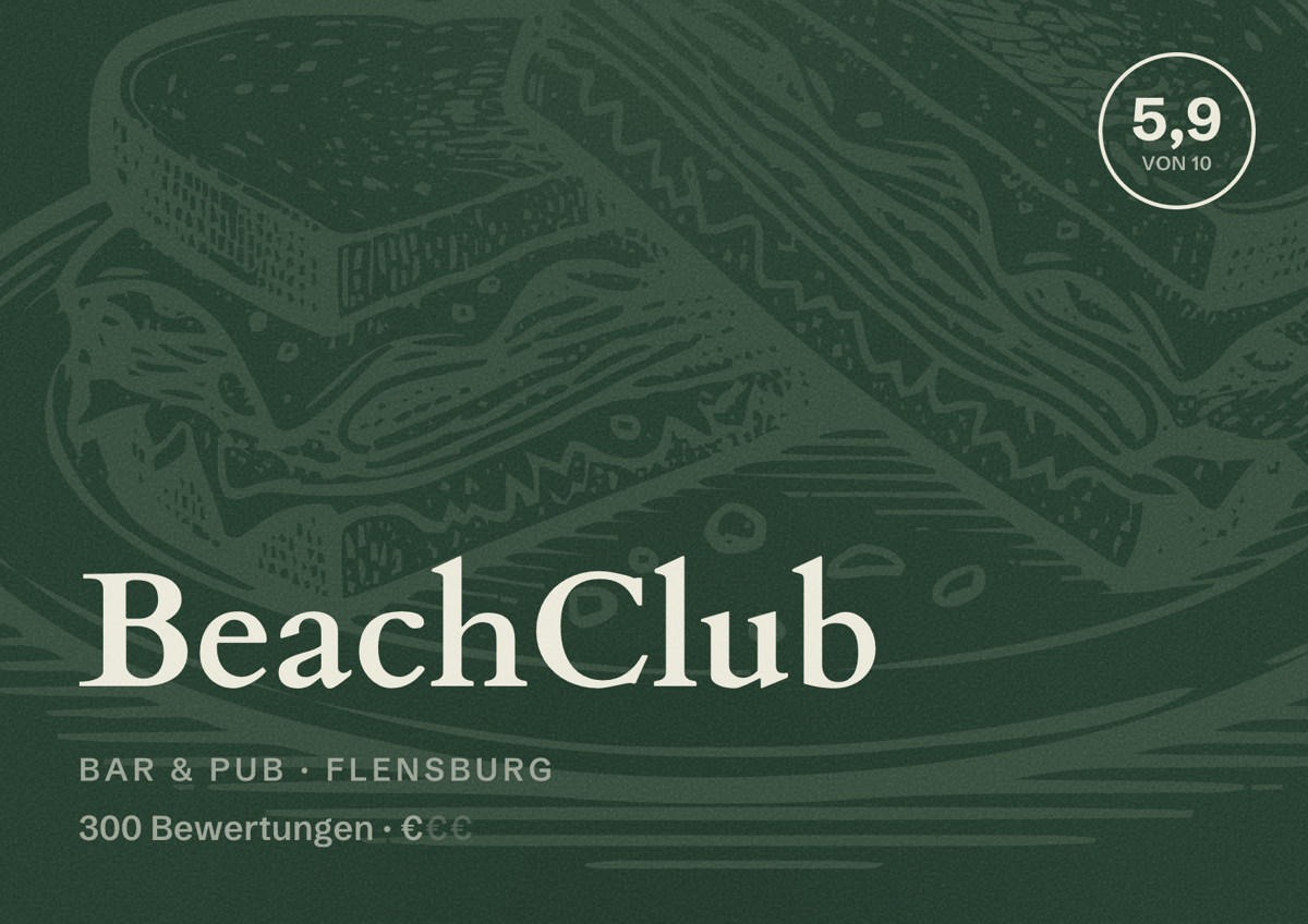 Illustriertes Poster von BeachClub, Bar & Pub in Flensburg: Bewertung 5,9 von 10 aus 300 Bewertungen, Preisniveau €