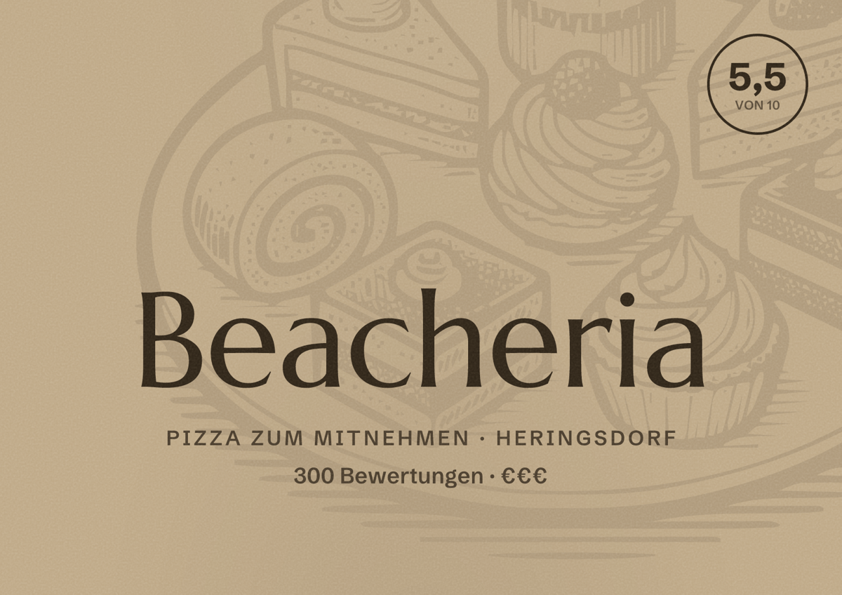 Illustriertes Poster von Beacheria, Pizza zum Mitnehmen in Heringsdorf: Bewertung 5,5 von 10 aus 300 Bewertungen, Preisniveau €€€