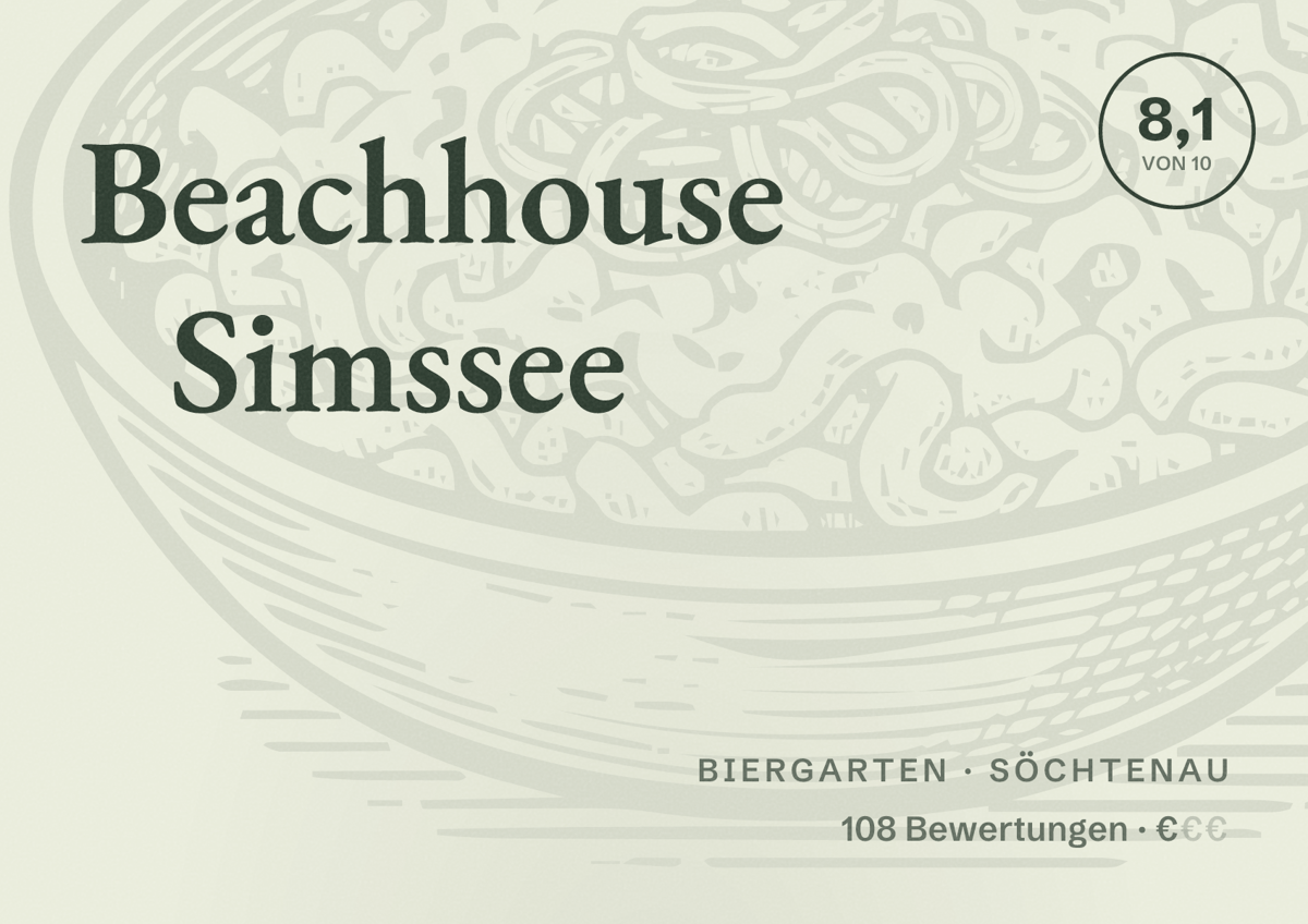Illustriertes Poster von Beachhouse Simssee, Biergarten in Söchtenau: Bewertung 8,1 von 10 aus 108 Bewertungen, Preisniveau €