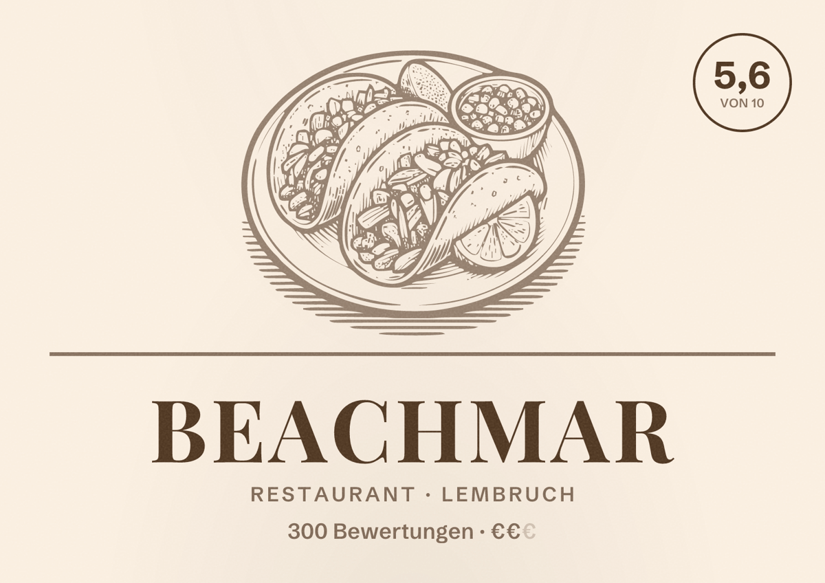 Illustriertes Poster von Beachmar, Restaurant in Lembruch: Bewertung 5,6 von 10 aus 300 Bewertungen, Preisniveau €€