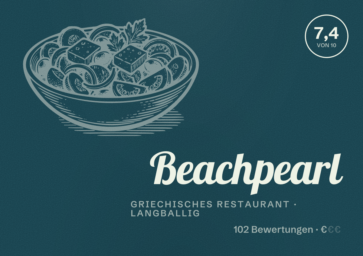 Illustriertes Poster von Beachpearl, Griechisches Restaurant in Langballig: Bewertung 7,4 von 10 aus 102 Bewertungen, Preisniveau €
