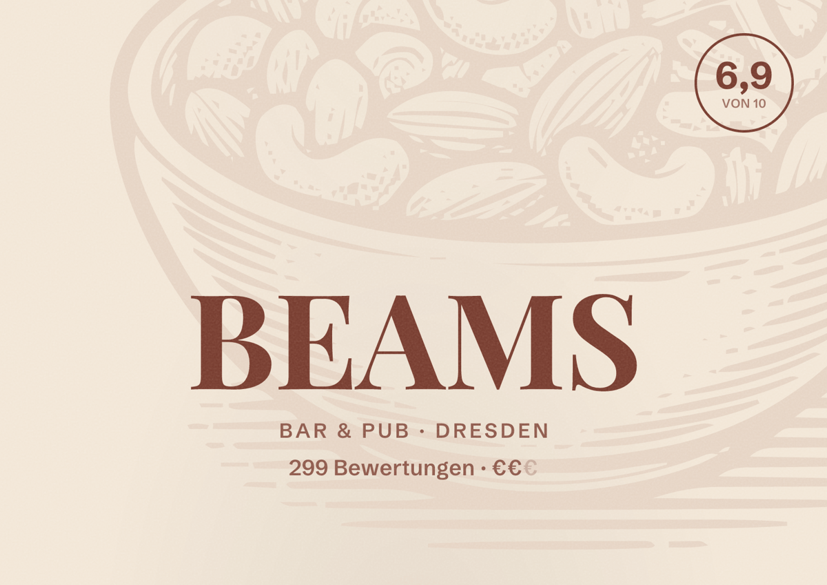 Illustriertes Poster von BEAMS, Bar & Pub in Dresden: Bewertung 6,9 von 10 aus 299 Bewertungen, Preisniveau €€