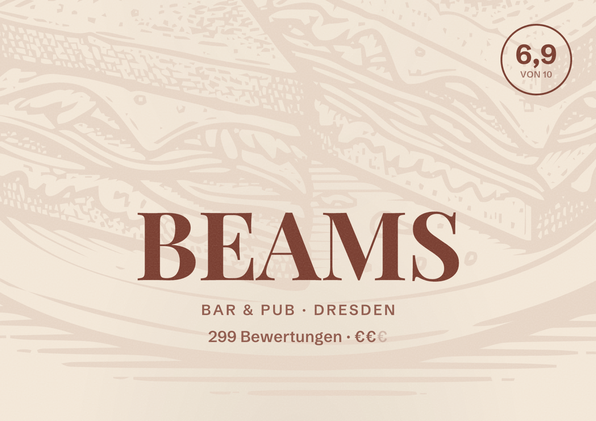 Illustriertes Poster von BEAMS, Bar & Pub in Dresden: Bewertung 6,9 von 10 aus 299 Bewertungen, Preisniveau €€