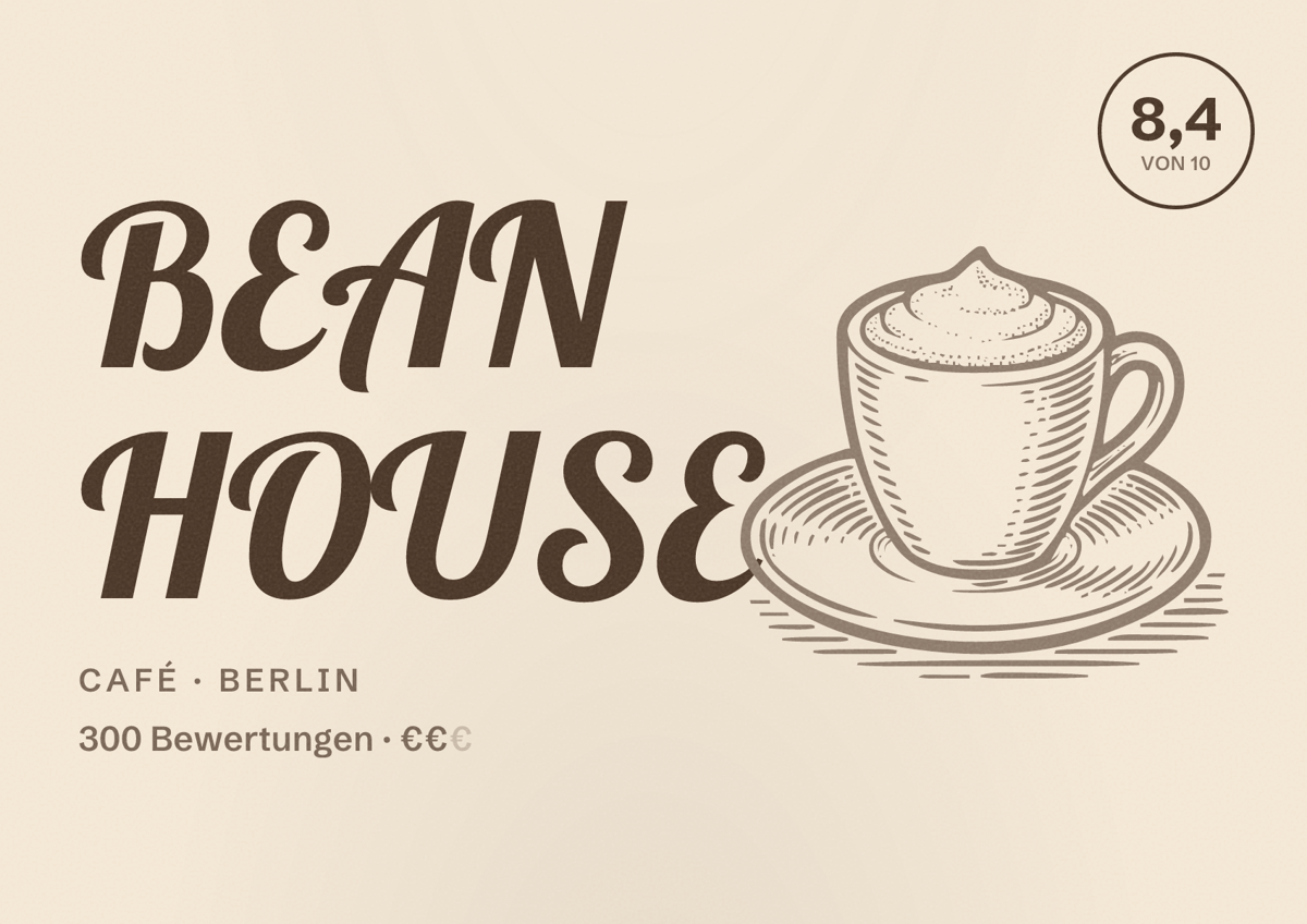 Illustriertes Poster von BEAN HOUSE, Café in Berlin: Bewertung 8,4 von 10 aus 300 Bewertungen, Preisniveau €€