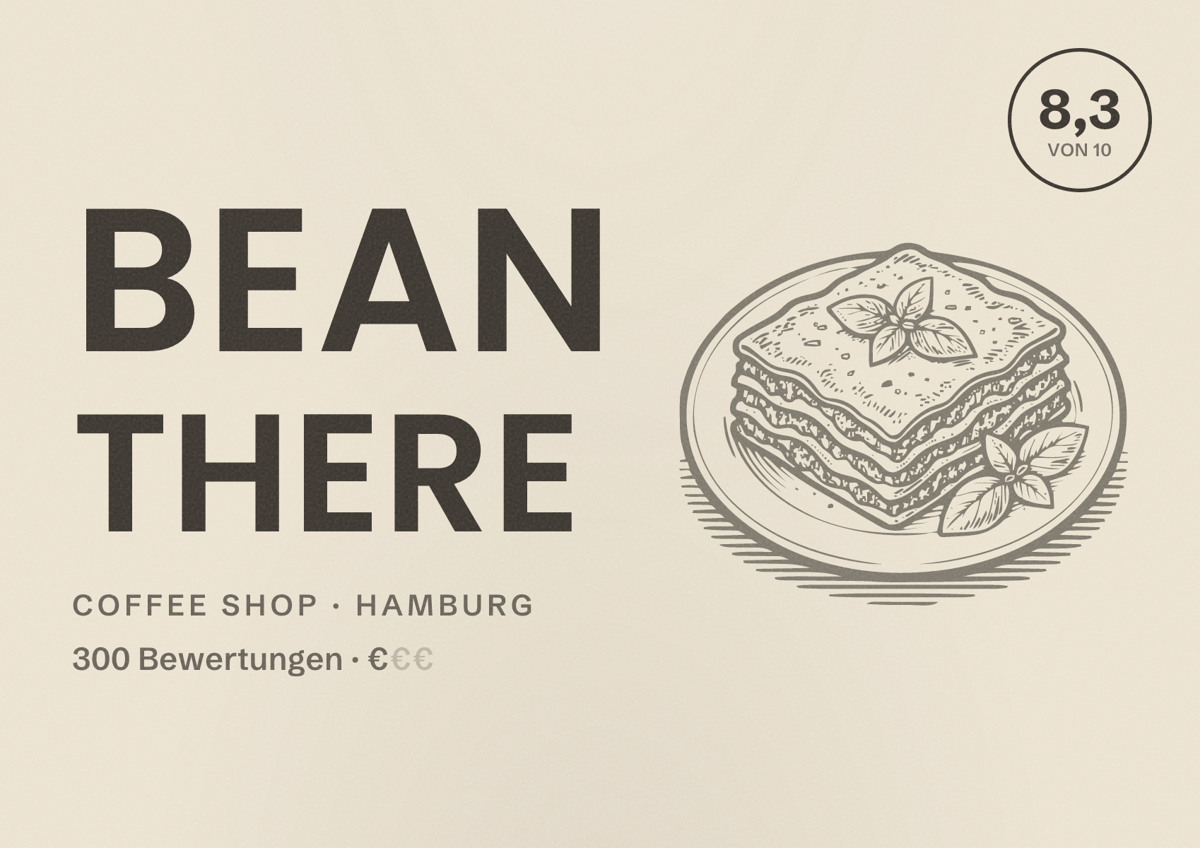 Illustriertes Poster von Bean There, Coffee Shop in Hamburg: Bewertung 8,3 von 10 aus 300 Bewertungen, Preisniveau €