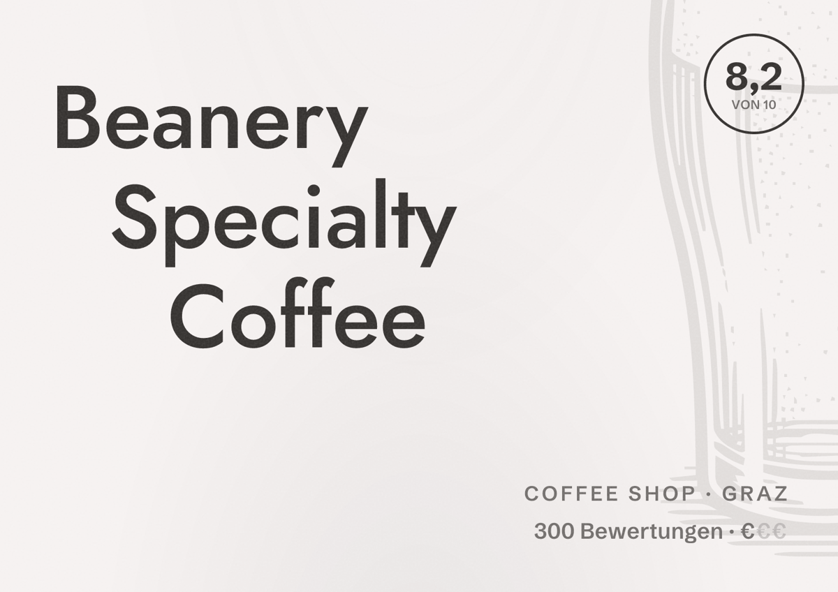 Illustriertes Poster von Beanery Specialty Coffee, Coffee Shop in Graz: Bewertung 8,2 von 10 aus 300 Bewertungen, Preisniveau €