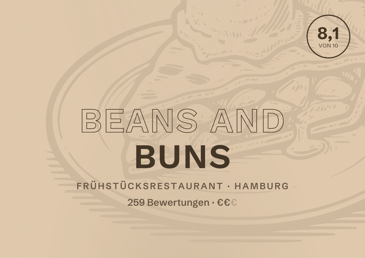 Illustriertes Poster von Beans and Buns, Frühstücksrestaurant in Hamburg: Bewertung 8,1 von 10 aus 259 Bewertungen, Preisniveau €€