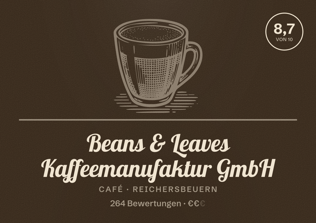 Illustriertes Poster von Beans & Leaves Kaffeemanufaktur GmbH, Café in Reichersbeuern: Bewertung 8,7 von 10 aus 264 Bewertungen, Preisniveau €€