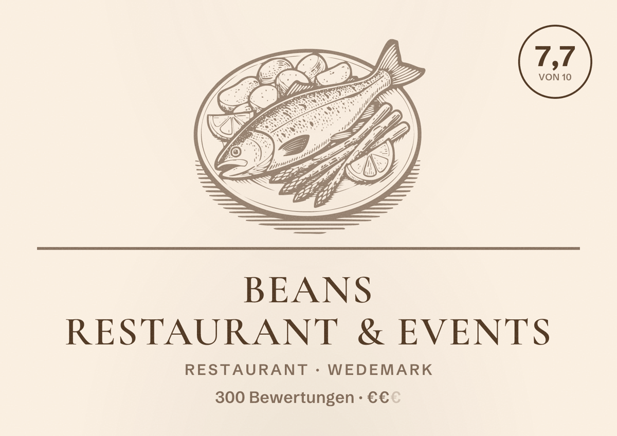 Illustriertes Poster von Beans Restaurant & Events, Restaurant in Wedemark: Bewertung 7,7 von 10 aus 300 Bewertungen, Preisniveau €€