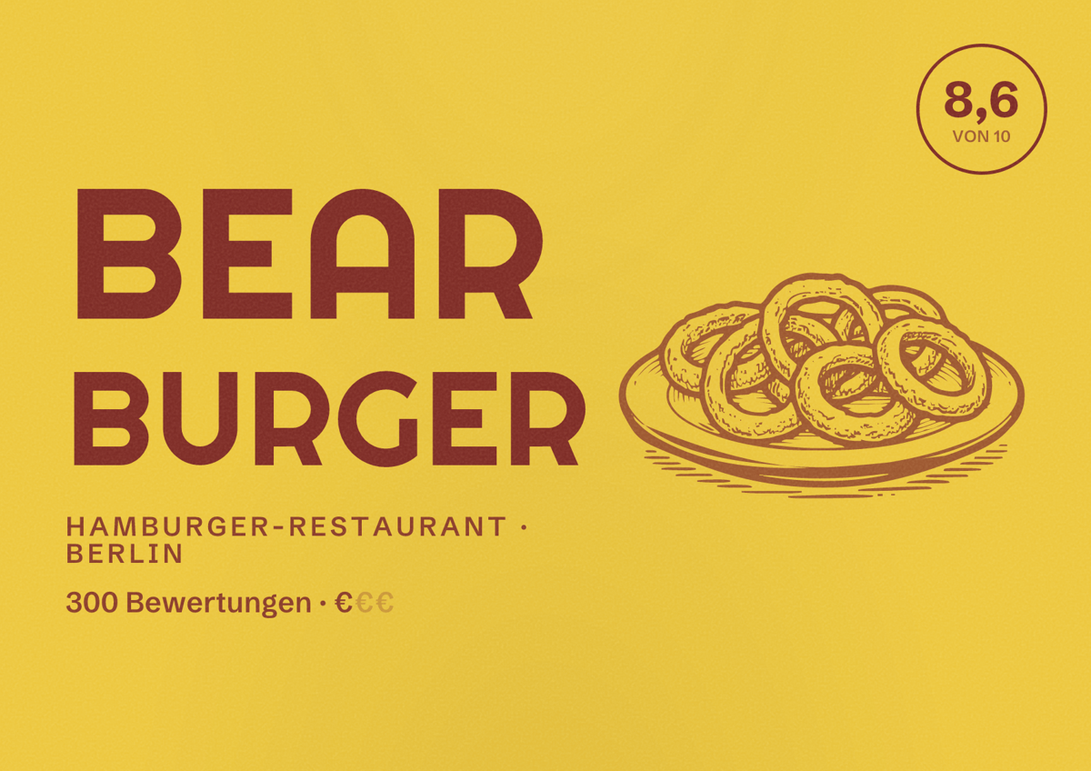 Illustriertes Poster von Bear Burger, Hamburger-Restaurant in Berlin: Bewertung 8,6 von 10 aus 300 Bewertungen, Preisniveau €