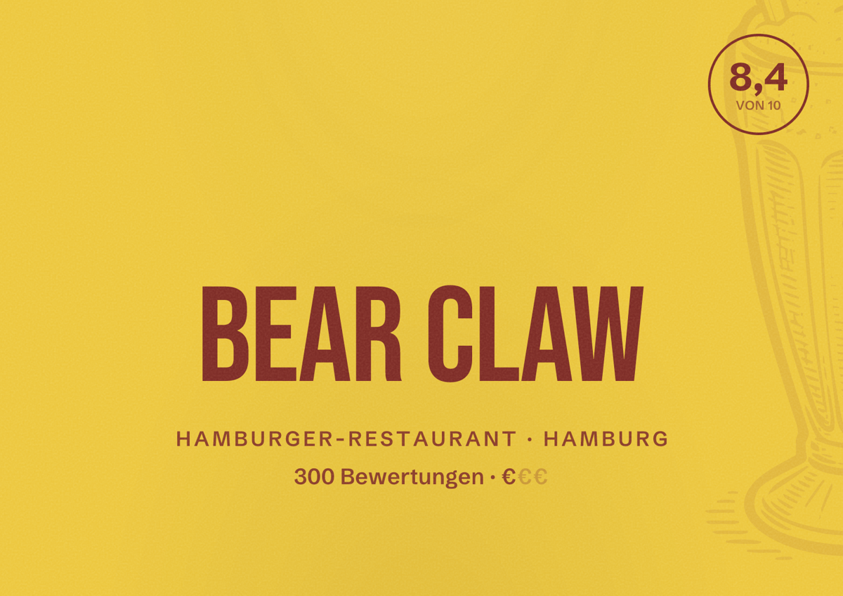 Illustriertes Poster von Bear Claw, Hamburger-Restaurant in Hamburg: Bewertung 8,4 von 10 aus 300 Bewertungen, Preisniveau €