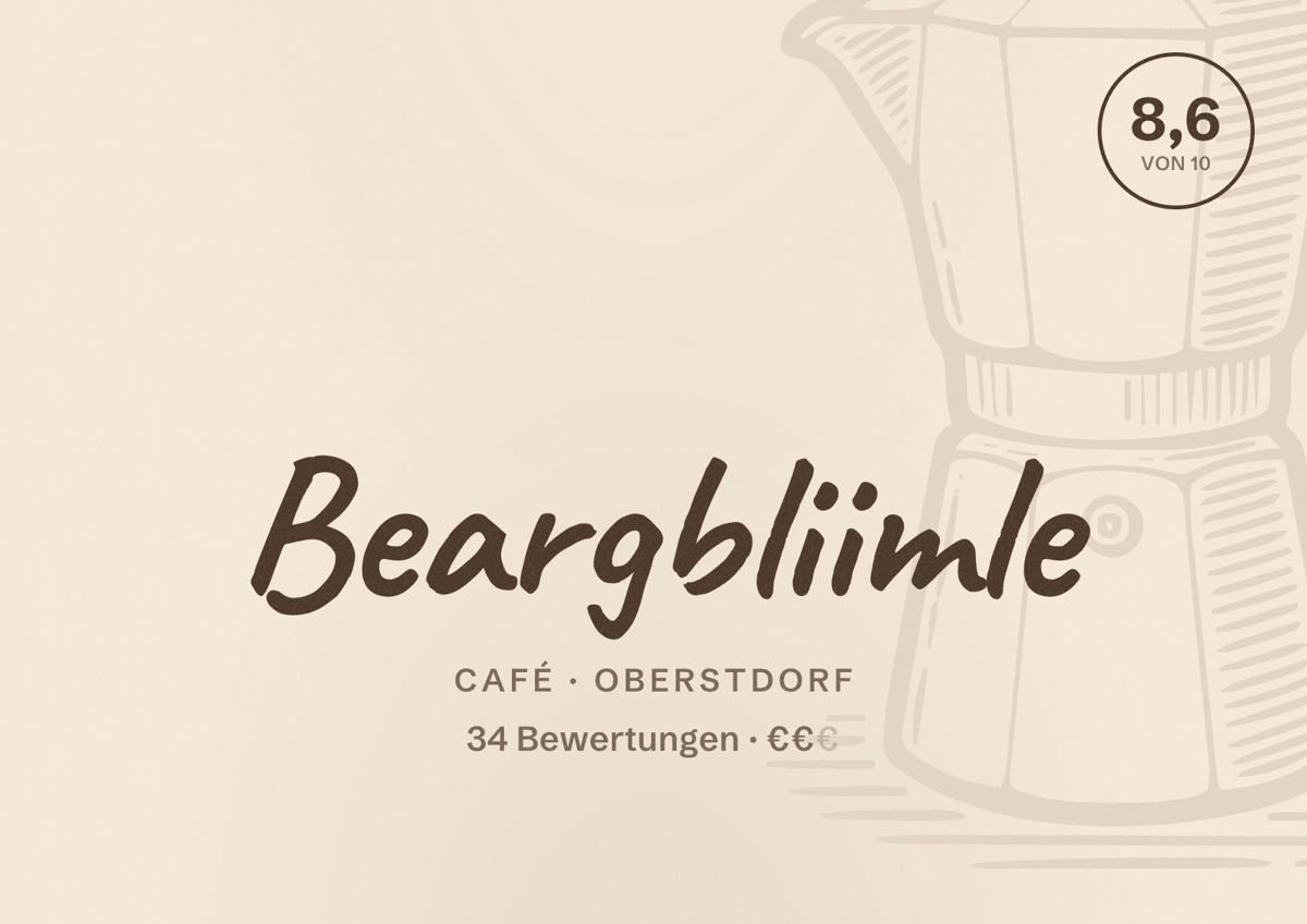 Illustriertes Poster von Beargbliimle, Café in Oberstdorf: Bewertung 8,6 von 10 aus 34 Bewertungen, Preisniveau €€