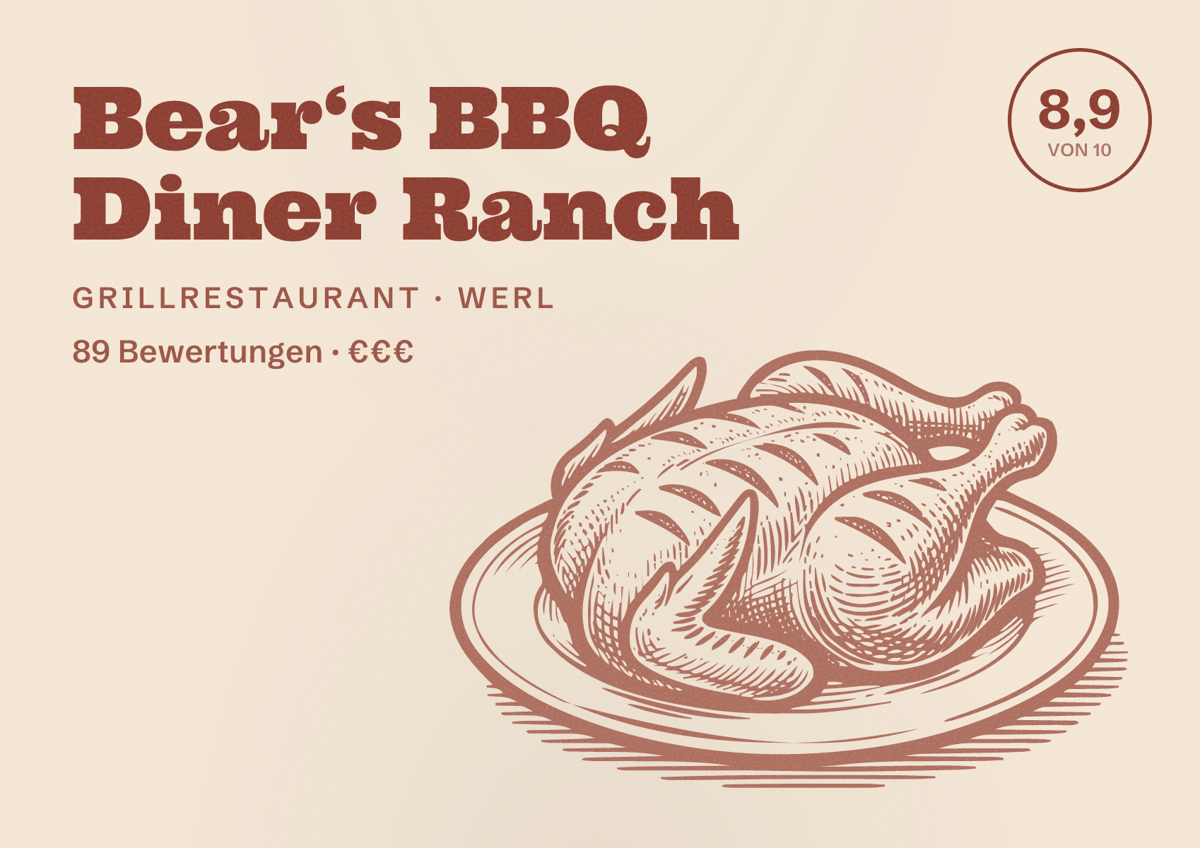 Illustriertes Poster von Bear‘s BBQ Diner Ranch, Grillrestaurant in Werl: Bewertung 8,9 von 10 aus 89 Bewertungen, Preisniveau €€€