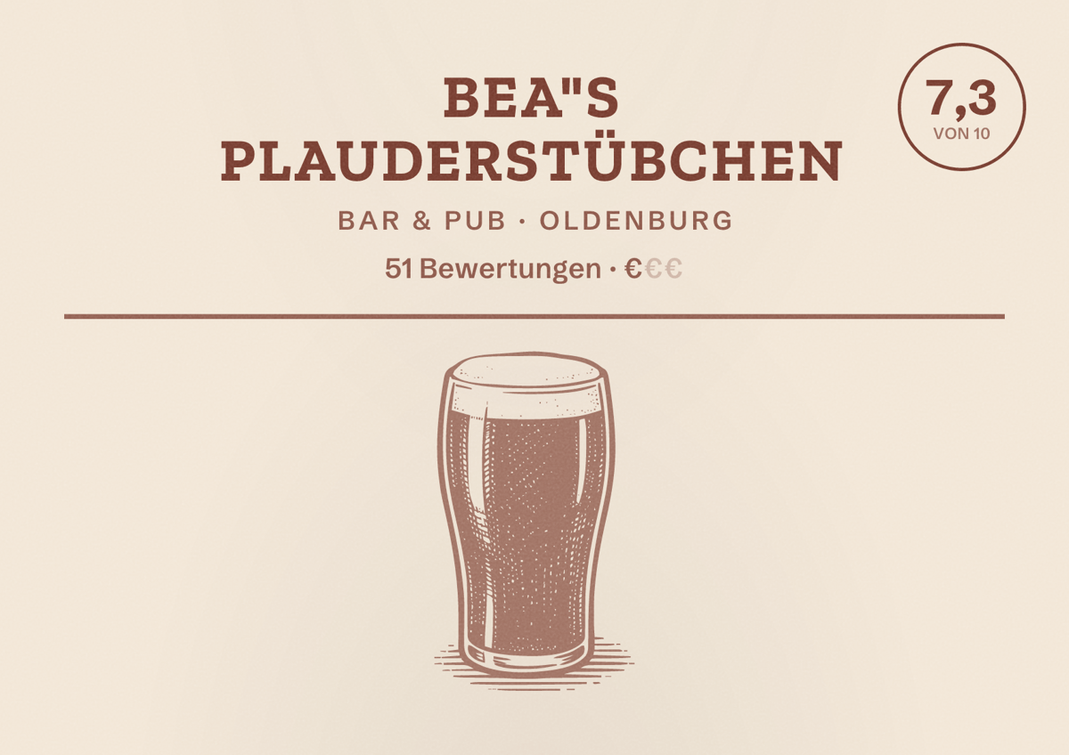 Illustriertes Poster von Bea"s Plauderstübchen, Bar & Pub in Oldenburg: Bewertung 7,3 von 10 aus 51 Bewertungen, Preisniveau €