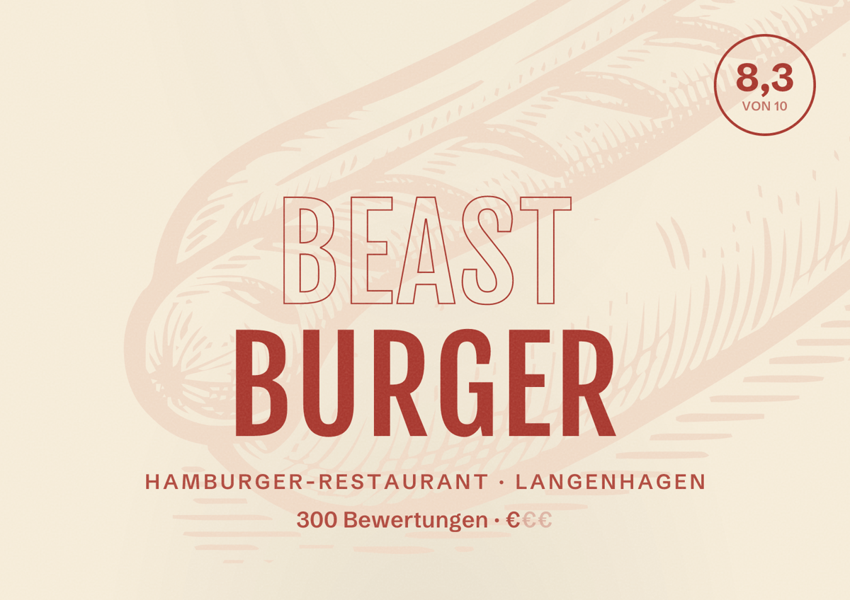 Illustriertes Poster von BEAST BURGER, Hamburger-Restaurant in Langenhagen: Bewertung 8,3 von 10 aus 300 Bewertungen, Preisniveau €