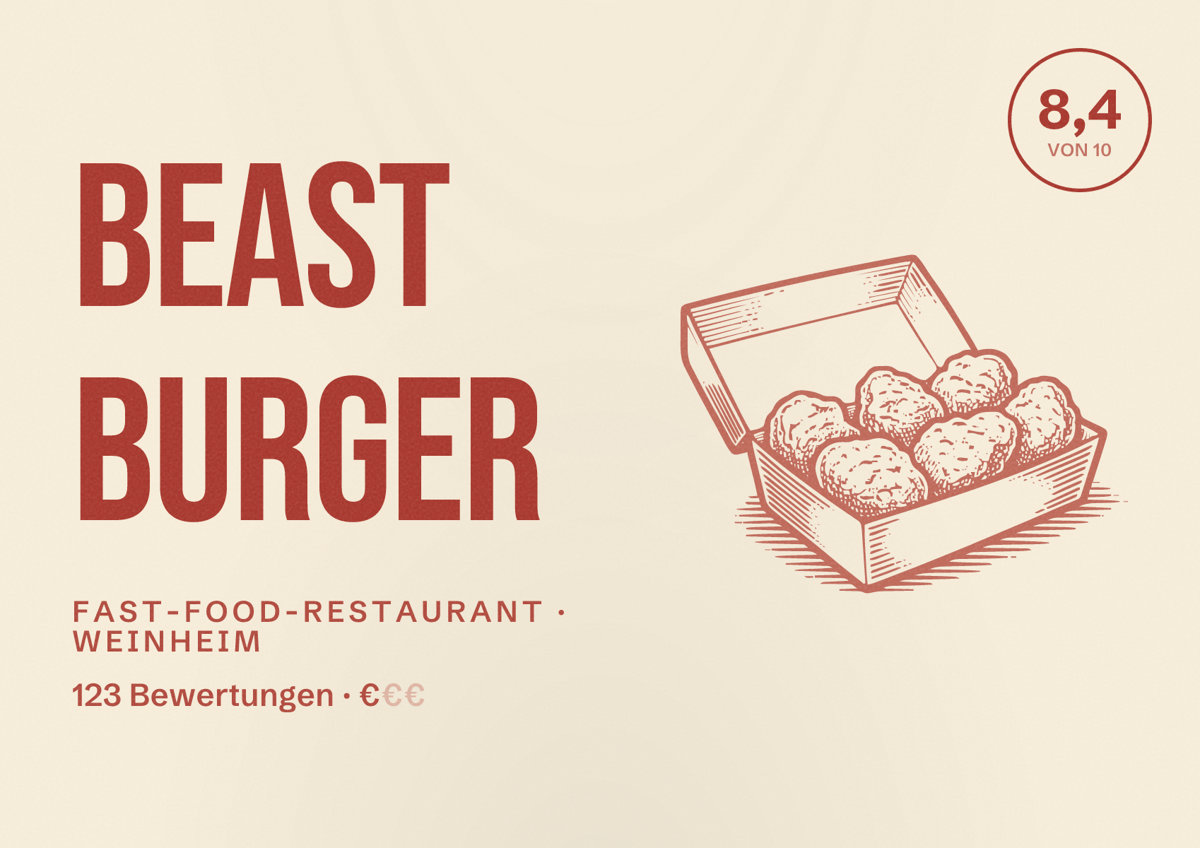 Illustriertes Poster von Beast Burger, Fast-Food-Restaurant in Weinheim: Bewertung 8,4 von 10 aus 123 Bewertungen, Preisniveau €