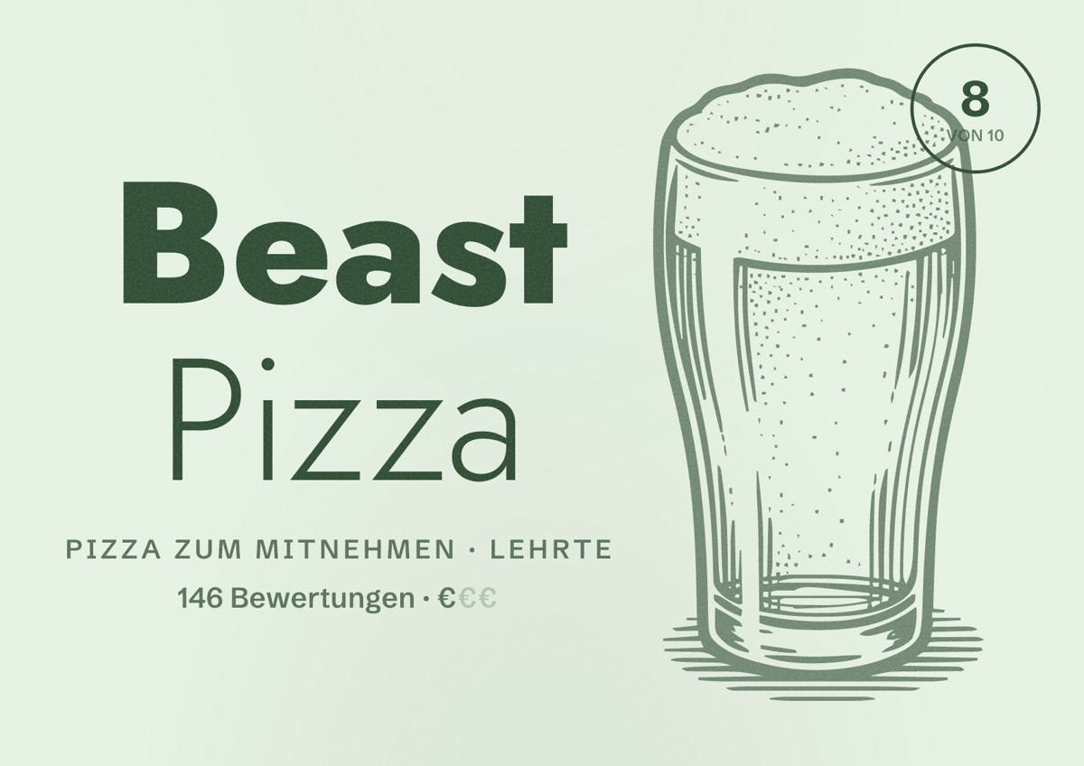 Illustriertes Poster von Beast Pizza, Pizza zum Mitnehmen in Lehrte: Bewertung 8 von 10 aus 146 Bewertungen, Preisniveau €