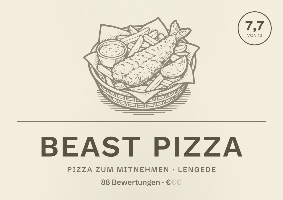 Illustriertes Poster von Beast Pizza, Pizza zum Mitnehmen in Lengede: Bewertung 7,7 von 10 aus 88 Bewertungen, Preisniveau €