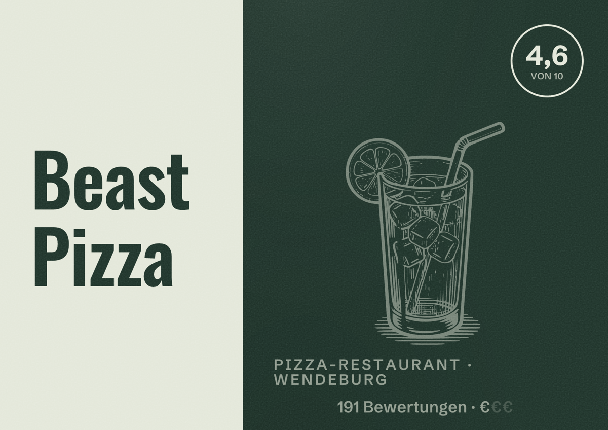 Illustriertes Poster von Beast Pizza, Pizza-Restaurant in Wendeburg: Bewertung 4,6 von 10 aus 191 Bewertungen, Preisniveau €