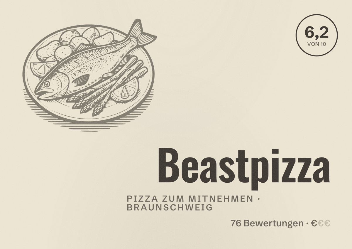 Illustriertes Poster von Beastpizza, Pizza zum Mitnehmen in Braunschweig: Bewertung 6,2 von 10 aus 76 Bewertungen, Preisniveau €