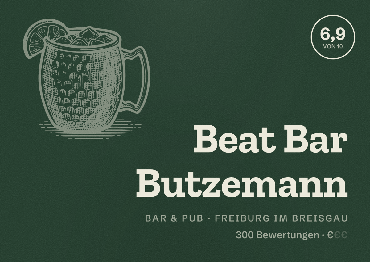 Illustriertes Poster von Beat Bar Butzemann, Bar & Pub in Freiburg im Breisgau: Bewertung 6,9 von 10 aus 300 Bewertungen, Preisniveau €
