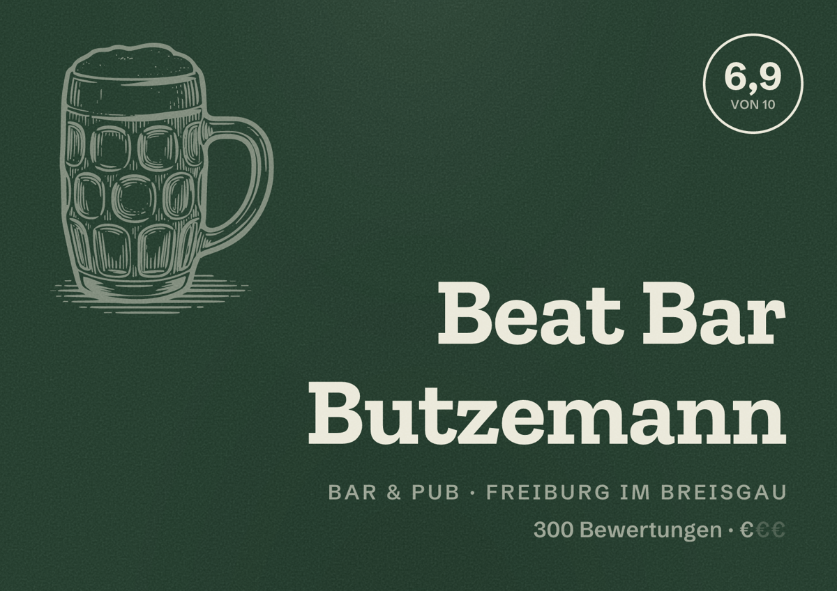 Illustriertes Poster von Beat Bar Butzemann, Bar & Pub in Freiburg im Breisgau: Bewertung 6,9 von 10 aus 300 Bewertungen, Preisniveau €