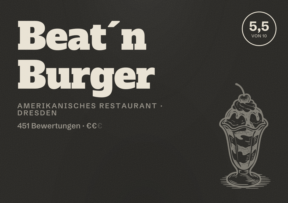 Illustriertes Poster von Beat´n Burger, Amerikanisches Restaurant in Dresden: Bewertung 5,5 von 10 aus 451 Bewertungen, Preisniveau €€