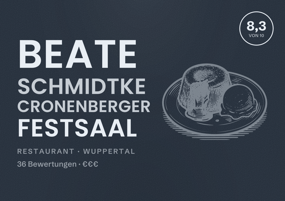Illustriertes Poster von Beate Schmidtke Cronenberger Festsaal, Restaurant in Wuppertal: Bewertung 8,3 von 10 aus 36 Bewertungen, Preisniveau €€€