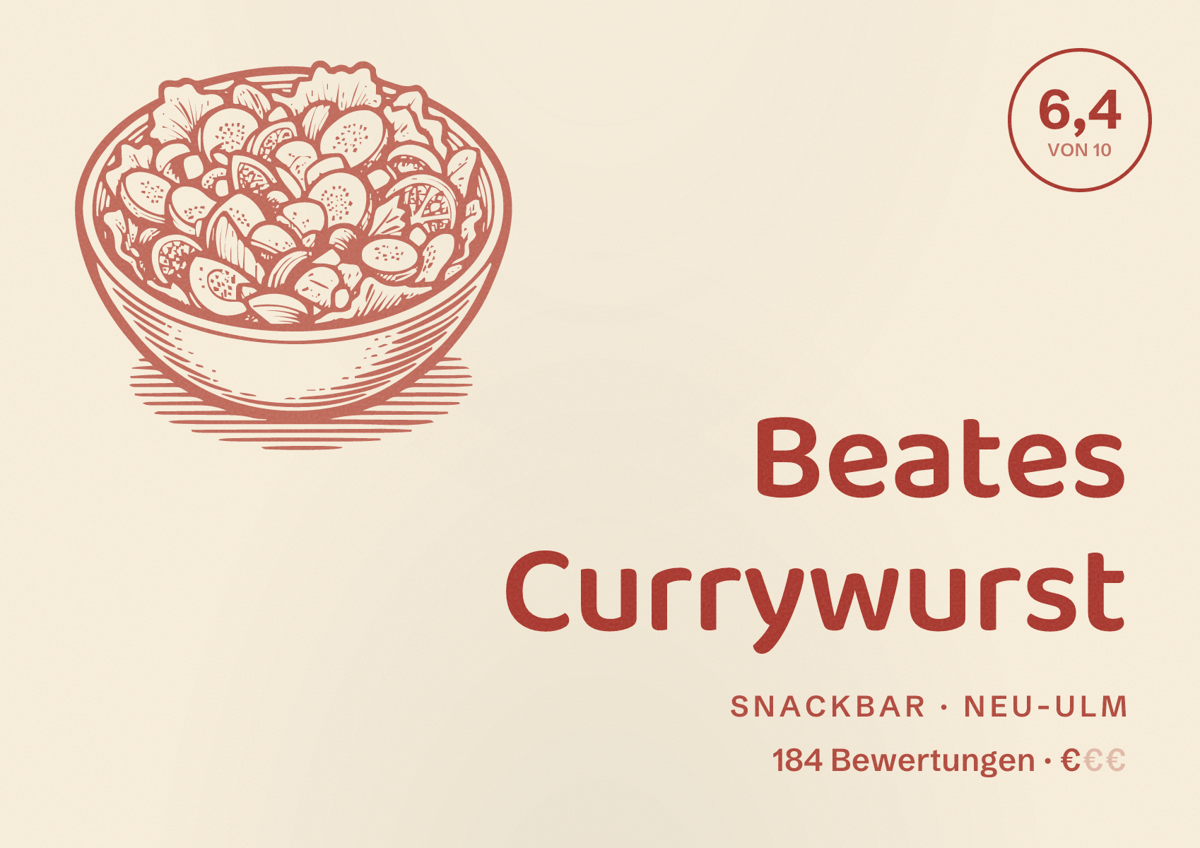 Illustriertes Poster von Beates Currywurst, Snackbar in Neu-Ulm: Bewertung 6,4 von 10 aus 184 Bewertungen, Preisniveau €