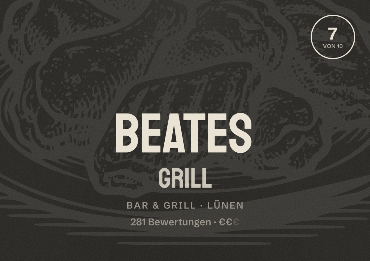 Illustriertes Poster von Beates Grill, Bar & Grill in Lünen: Gästebewertung 7 von 10 aus 281 Bewertungen