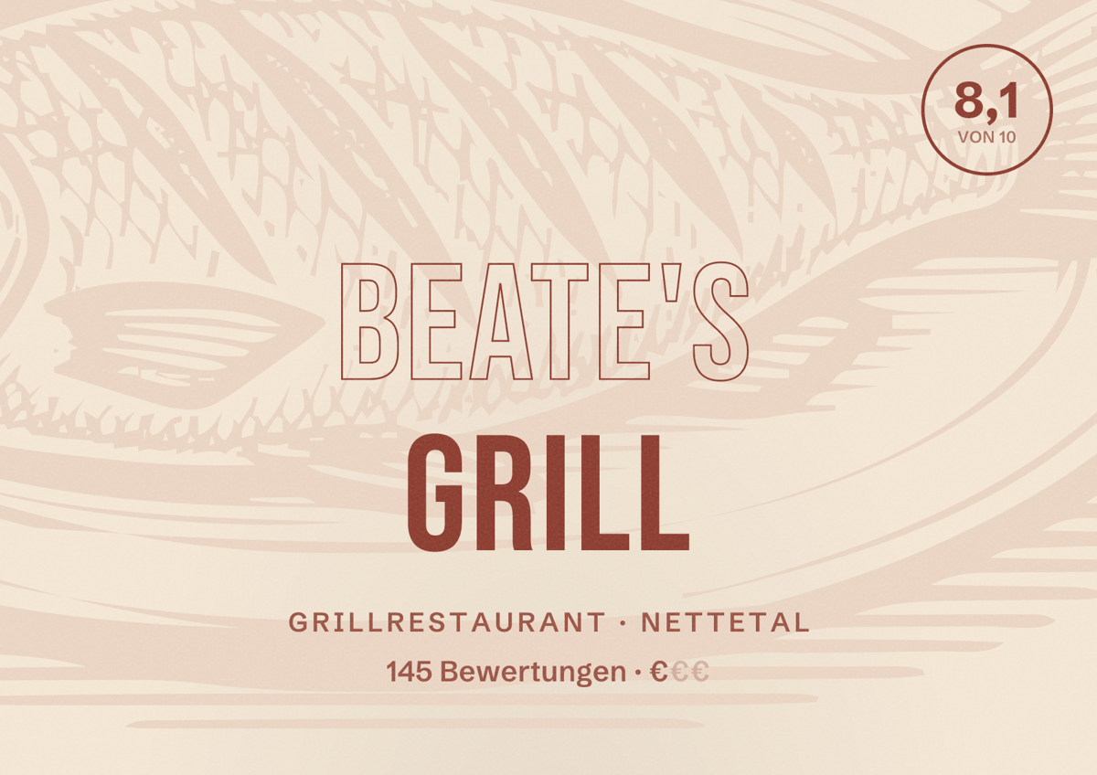 Illustriertes Poster von Beate's Grill, Grillrestaurant in Nettetal: Bewertung 8,1 von 10 aus 145 Bewertungen, Preisniveau €